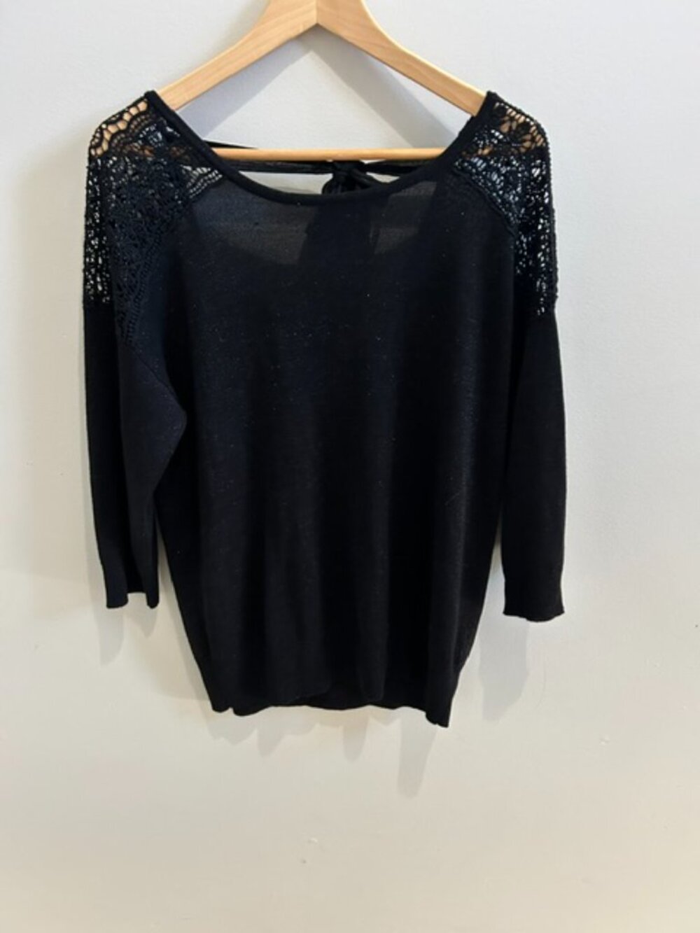 Black Crochet Lace Shoulder Tie Back Sweater M